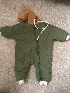 Kids Olive Green Quilted One-Piece Snowsuit with Hood